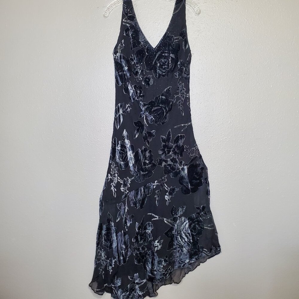 Floral Dressbarn Velvet Burnout Sleeveless Asymmetric Maxi Flowy Dress